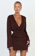 Azura Mini Dress - Long Sleeve Beaded Trim Plunge Neck Dress in Chocolate