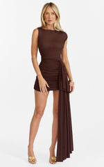 Baylee Mini Dress - Gathered One Shoulder Bodycon Dress in Dark Chocolate