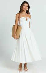Bambi Midi Dress - Embroidered Strapless Lace Up Fit And Flare Dress in White
