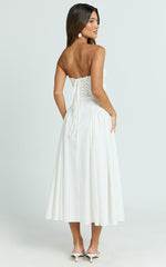 Bambi Midi Dress - Embroidered Strapless Lace Up Fit And Flare Dress in White