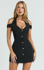 Baylee Mini Dress - Off Shoulder Button Front Tulip Skirt Dress in Black