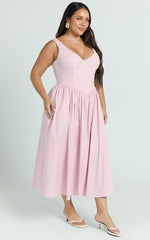 Beckett Midi Dress - Scoop Neck Drop V Waist Gathered Skirt Dress in Pink