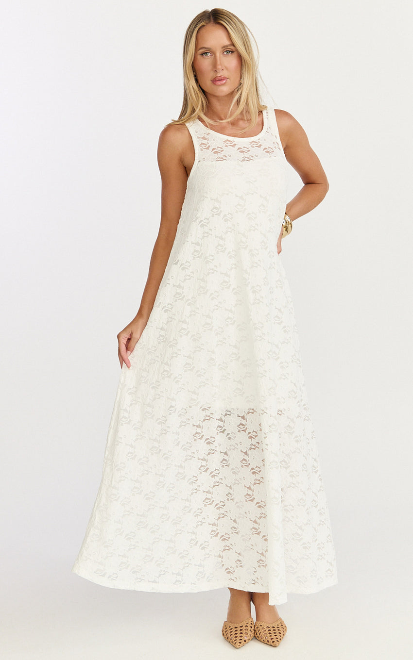 Bella Midi Dress - Lace Shift Dress in Off White