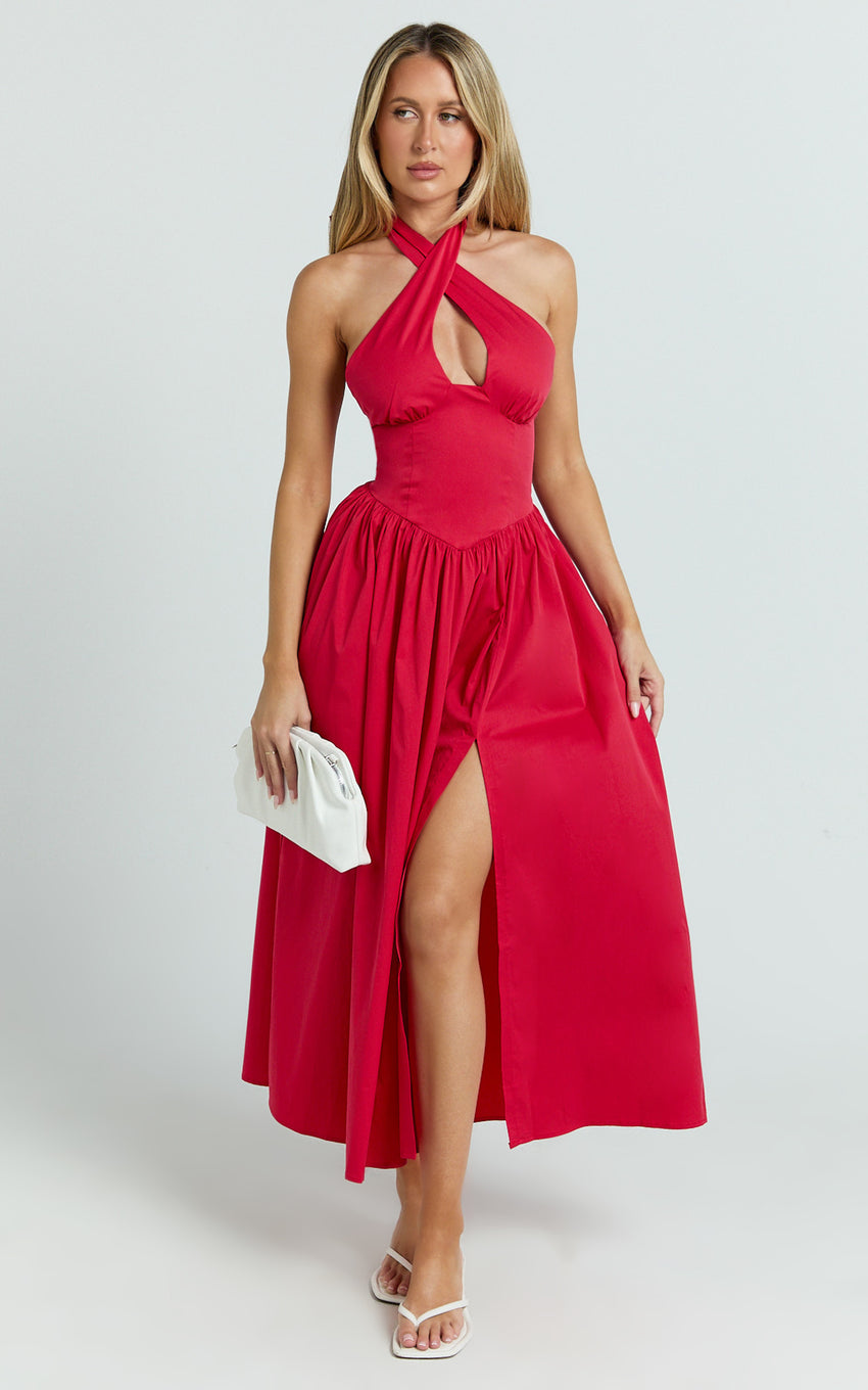 Belle Midi Dress - Keyhole Halter With V Yoke Dress in Red