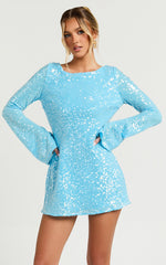 Bertina Mini Dress - Sequin Scoop Neck Low Back Dress in Blue
