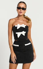Bettina Two Piece Top and Skirt Set - Strapless Boucle Bow Top and Mini Skirt Set in Black