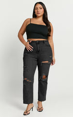 Billie Jeans - High Waisted Cotton Distressed Mom Denim Jeans in Black Wash