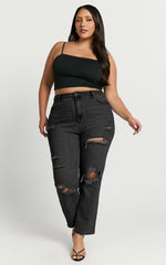 Billie Jeans - High Waisted Cotton Distressed Mom Denim Jeans in Black Wash