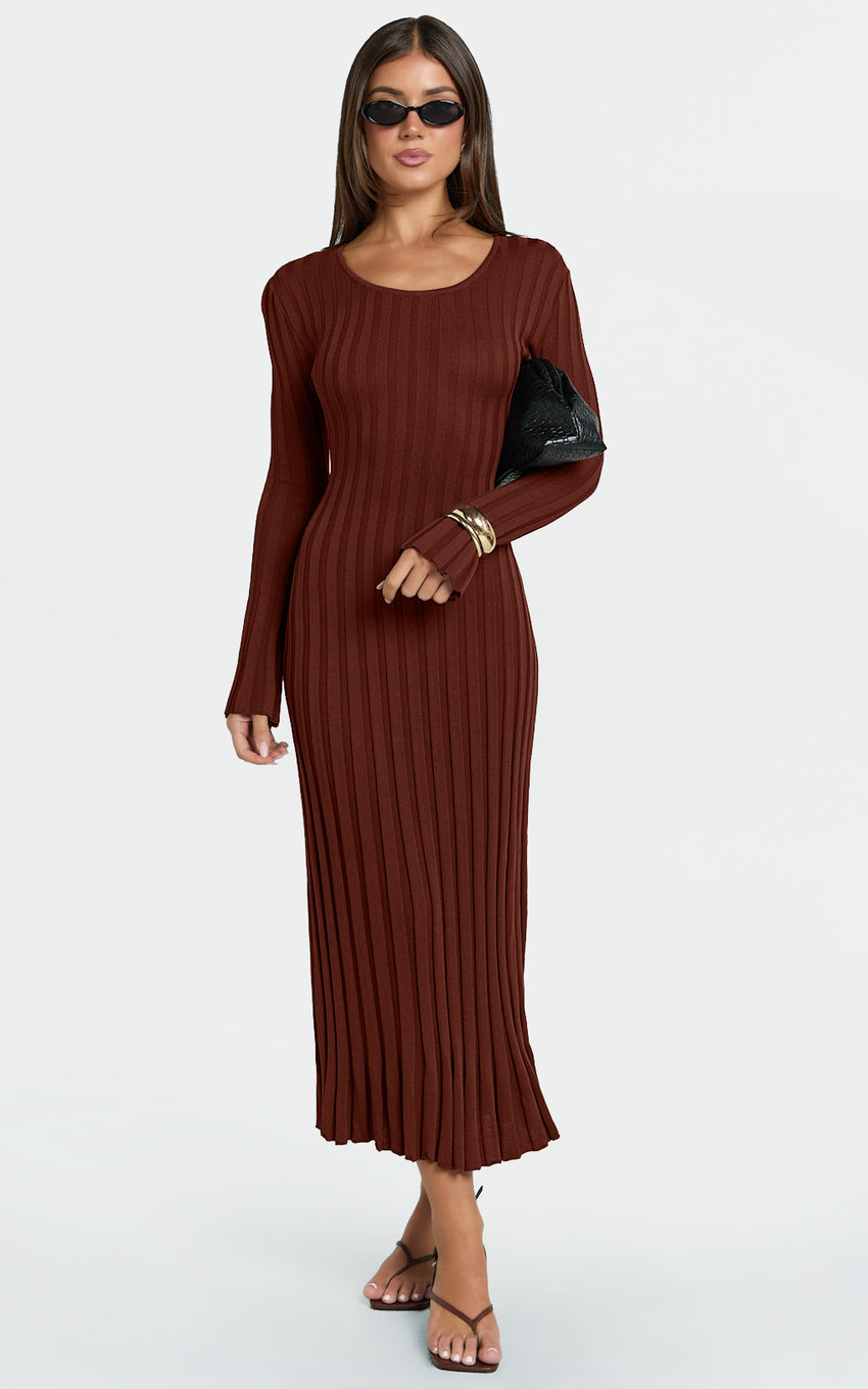 Blaire Midi Dress - Long Sleeve Tie Back Flare Dress in Chocolate