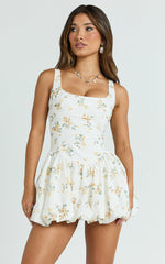 Bobby Mini Dress - Scoop Neck Drop Waist Bubble Hem Dress in Vintage Spring Floral Print