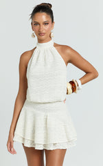 Bonnie Mini Dress - Backless Halter Drop Waist Dress in Ivory