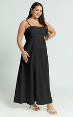 Brette Midi Dress - Linen Straight Neck Strappy Fit And Flare Dress in Black