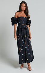Brianna Midi Dress - Off Shoulder Dress in Black Print