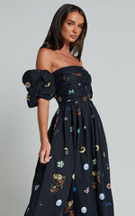 Brianna Midi Dress - Off Shoulder Dress in Black Print