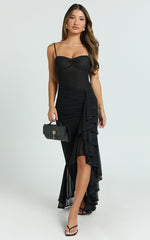 Brionna Maxi Dress - Lace Neck Ruched Ruffle Hem Dress in Black