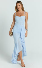 Brionna Maxi Dress - Lace Neck Ruched Ruffle Hem Dress in Blue