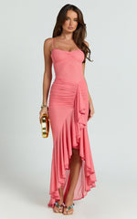 Brionna Maxi Dress - Lace Neck Ruched Ruffle Hem Dress in Strawberry