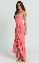 Brionna Maxi Dress - Lace Neck Ruched Ruffle Hem Dress in Strawberry