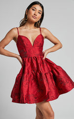 Britany Mini Dress - V Neck Tiered Strappy Tiered Fit and Flare Dress in Red