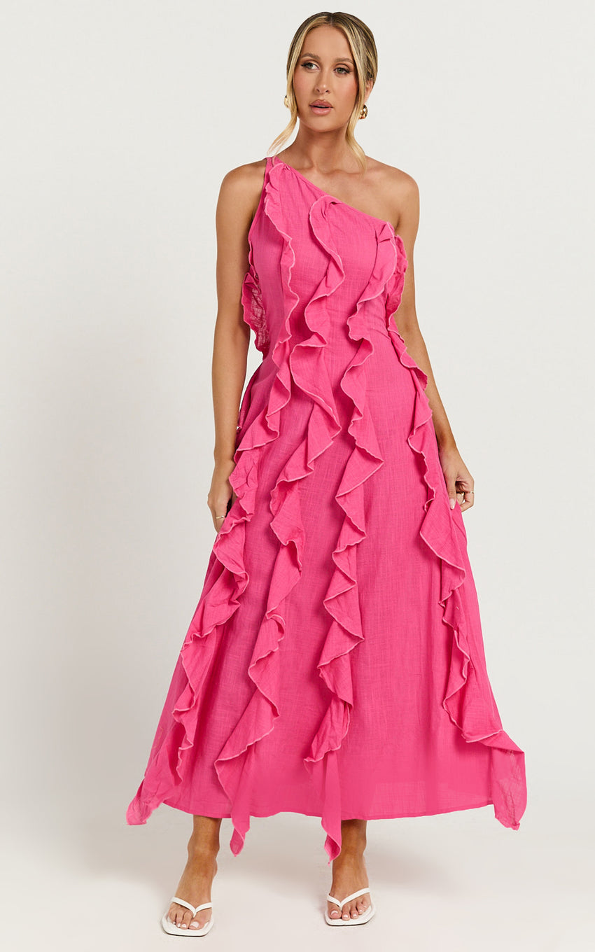 Britney Midi Linen Blend Dress - One Shoulder Ruffle Detail Dress in Pink