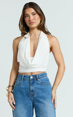 Britta Top - Cowl Neck Halter Crop Top in White