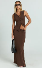 Brittany Two Piece Top and Skirt Set - Ribbed Midi Skirt Set in Chocolate