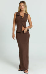 Brittany Two Piece Top and Skirt Set - Ribbed Midi Skirt Set in Chocolate
