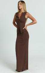 Brittany Two Piece Top and Skirt Set - Ribbed Midi Skirt Set in Chocolate