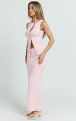 Brittany Two Piece Top and Skirt Set - Ribbed Midi Skirt Set in Pale Pink