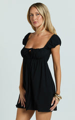 Brooks Mini Dress - Puff Sleeve Front Tie Babydoll Dress in Black