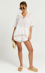 Brylee Two Piece Top and Shorts Set - Trim Knit Short Set in White/Tan