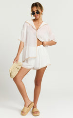 Brylee Two Piece Top and Shorts Set - Trim Knit Short Set in White/Tan