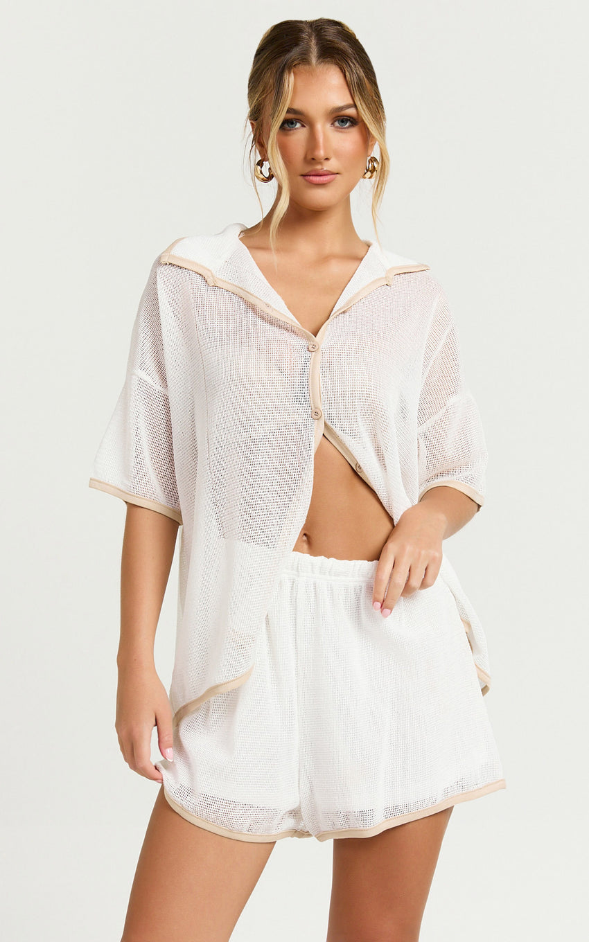 Brylee Two Piece Top and Shorts Set - Trim Knit Short Set in White/Tan