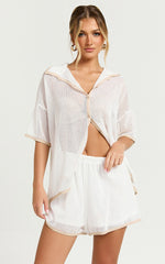 Brylee Two Piece Top and Shorts Set - Trim Knit Short Set in White/Tan