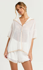 Brylee Two Piece Top and Shorts Set - Trim Knit Short Set in White/Tan