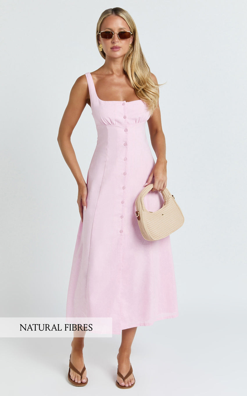 Cameron Midi Dress - Button Front Tie Back Dress in Pink