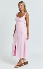Cameron Midi Dress - Button Front Tie Back Dress in Pink