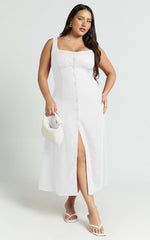 Cameron Midi Dress - Button Front Tie Back Dress in White