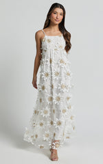 Candice Maxi Dress - Straight Neck Floral Embroidery Detail Shift Dress in White