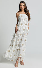 Candice Maxi Dress - Straight Neck Floral Embroidery Detail Shift Dress in White