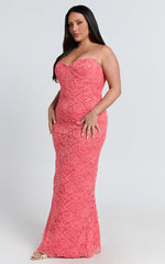 Carli Maxi Dress - Adjustable Strap Corset Bodycon Lace Dress in Watermelon