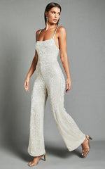 Carlie Jumpsuit - Straight Neck Strappy Sequin in Champagne