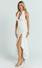 Carmela Midi Dress - Gather Bust and Shoulder Strap With Front Leg Split Dress in Off White
