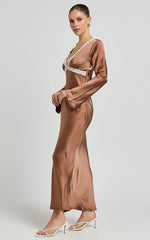 Carmela Midi Dress - Long Sleeve V Neck Lace Detail Dress in Chocolate