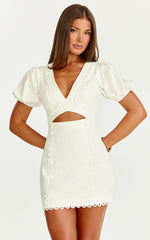 Carolyn Mini Dress - V Neck Puff Sleeve Dress in White
