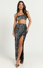 Carrey Two Piece Set - Cami Crop Top and Front Split Midi Skirt in Black and Silver