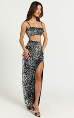 Carrey Two Piece Set - Cami Crop Top and Front Split Midi Skirt in Black and Silver