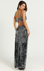 Carrey Two Piece Set - Cami Crop Top and Front Split Midi Skirt in Black and Silver