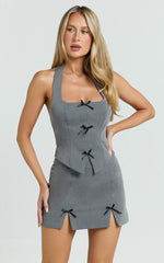 Cartia Two Piece Top and Skirt Set - Bow Front Vest And Fitted Double Leg Split Mini Skirt Set in Grey