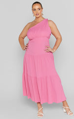 Celestia Midi Dress - Tiered One Shoulder Dress in Bright Pink